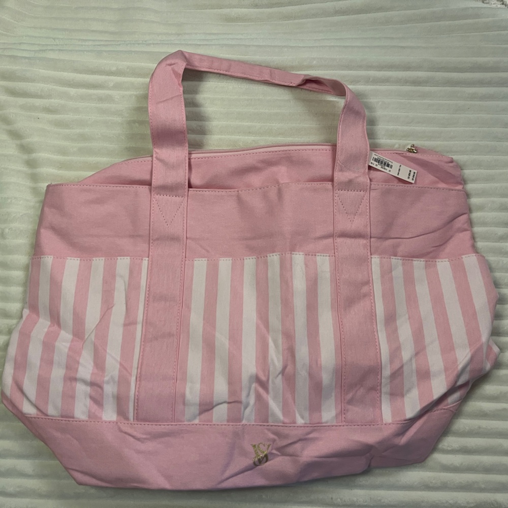 VICTORIA'S SECRET PINK CANVAS TOTE BAG PINK WHITE STRIPE WEEKEND BEACH BRAND NEW